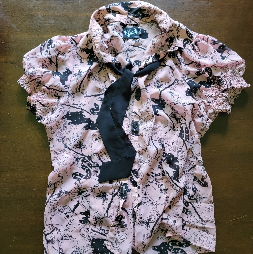 Hell Bunny Sheer Button Up Pink ShirSnake Roses Coquette Grunge Goth